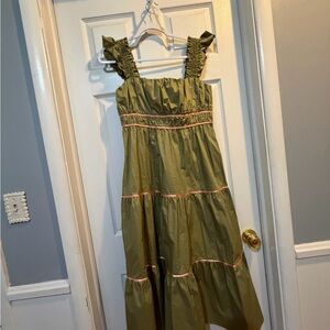 Ladies Sundress Ultramarine L Never Worn Green With Peach Piping Smocked